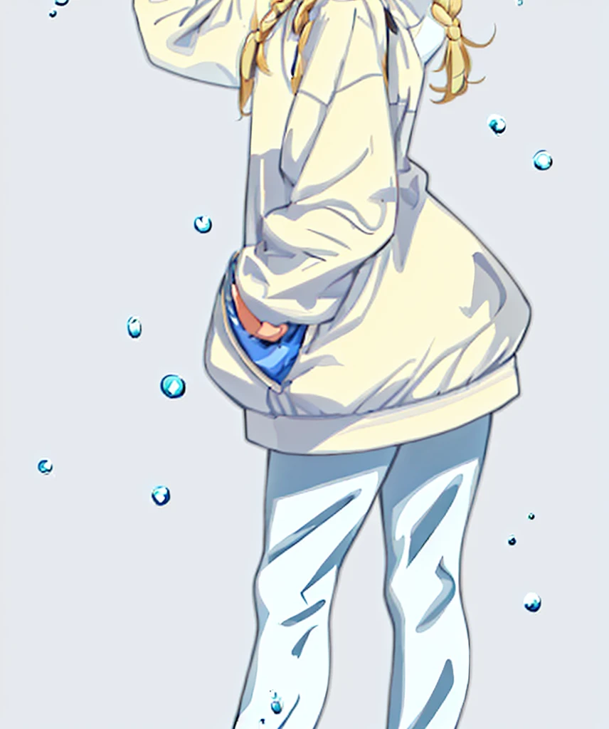 the lady is wearing a hooded sweater standing with one foot on a step, 1girl, solo, chewing gum, blonde hair, blue eyes, hat, hand in pocket, braid, bubble blowing, white background, full body, long hair, multicolored clothes, simple background, shoes, looking at viewer, baseball cap, twin braids,Eiko Tsukimi, blue eyes, braid, twin braid, (((blonde hair))), long hair, baseball cap