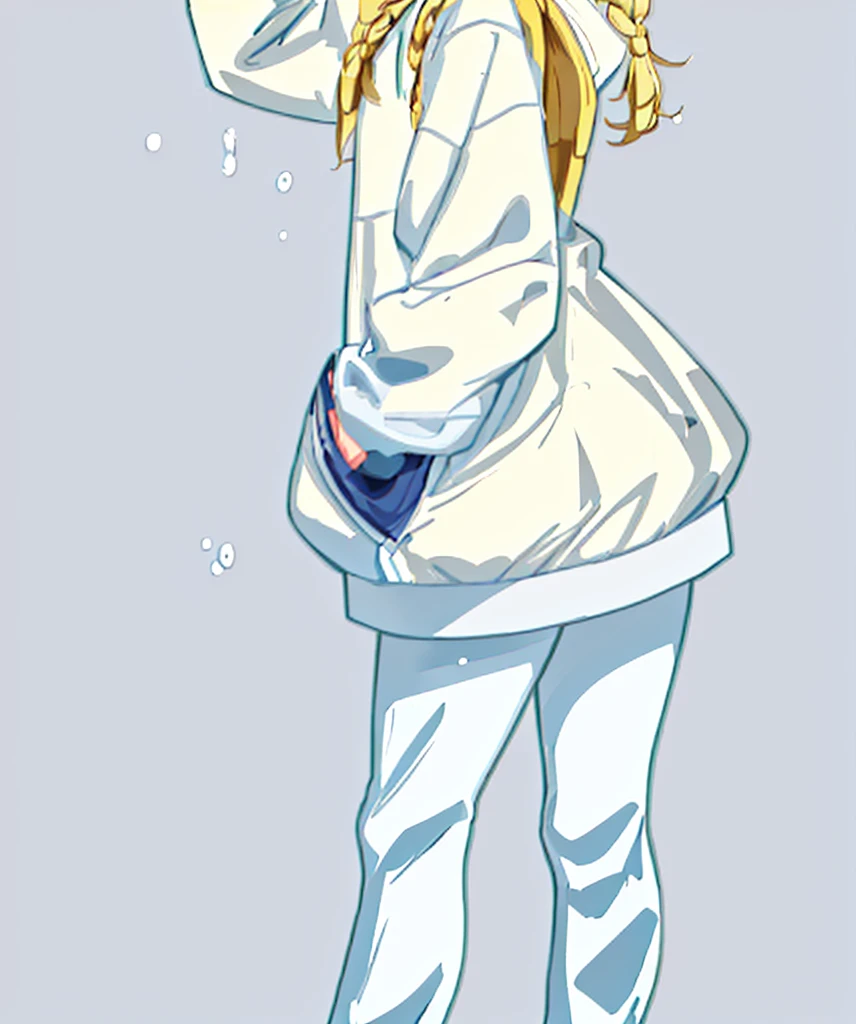 the lady is wearing a hooded sweater standing with one foot on a step, 1girl, solo, chewing gum, blonde hair, blue eyes, hat, hand in pocket, braid, bubble blowing, white background, full body, long hair, multicolored clothes, simple background, shoes, looking at viewer, baseball cap, twin braids,Eiko Tsukimi, blue eyes, braid, twin braid, (((blonde hair))), long hair, baseball cap