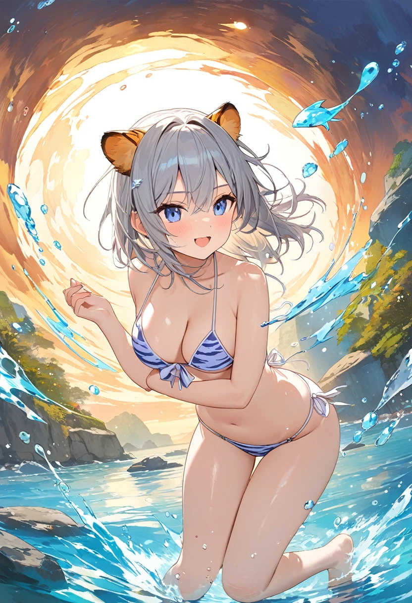 (​masterpiece, top-quality, Official art:1.2)Look at viewericro bikini, tiger and girl, Tiger painting}A flash of light runs, Colorful water levitation(2D:1.5),