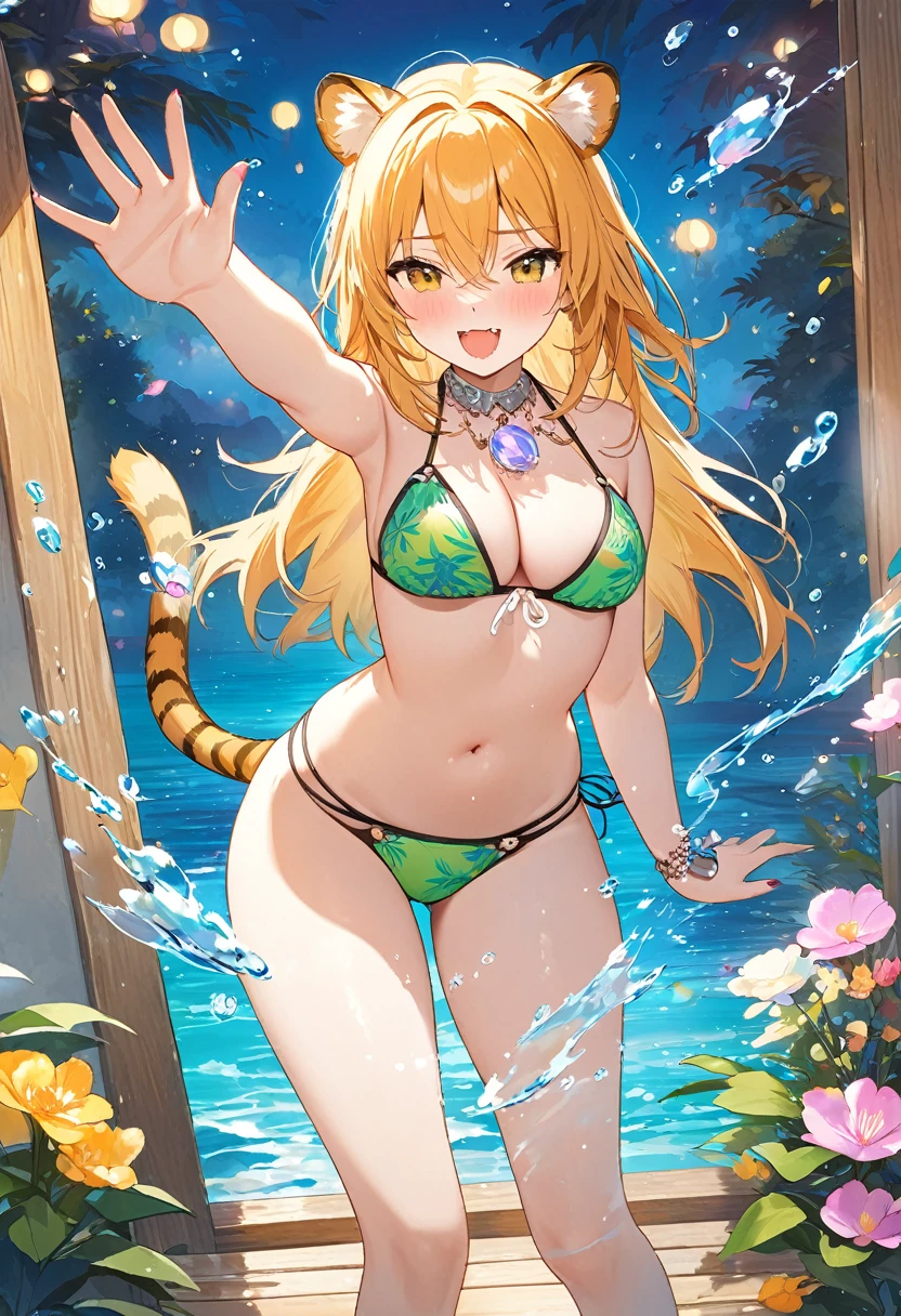 (masterpiece, top-quality, Official art:1.2)Look at viewericro bikini, tiger and girl, Tiger painting}A flash of light runs, Colorful water levitation(2D:1.5),