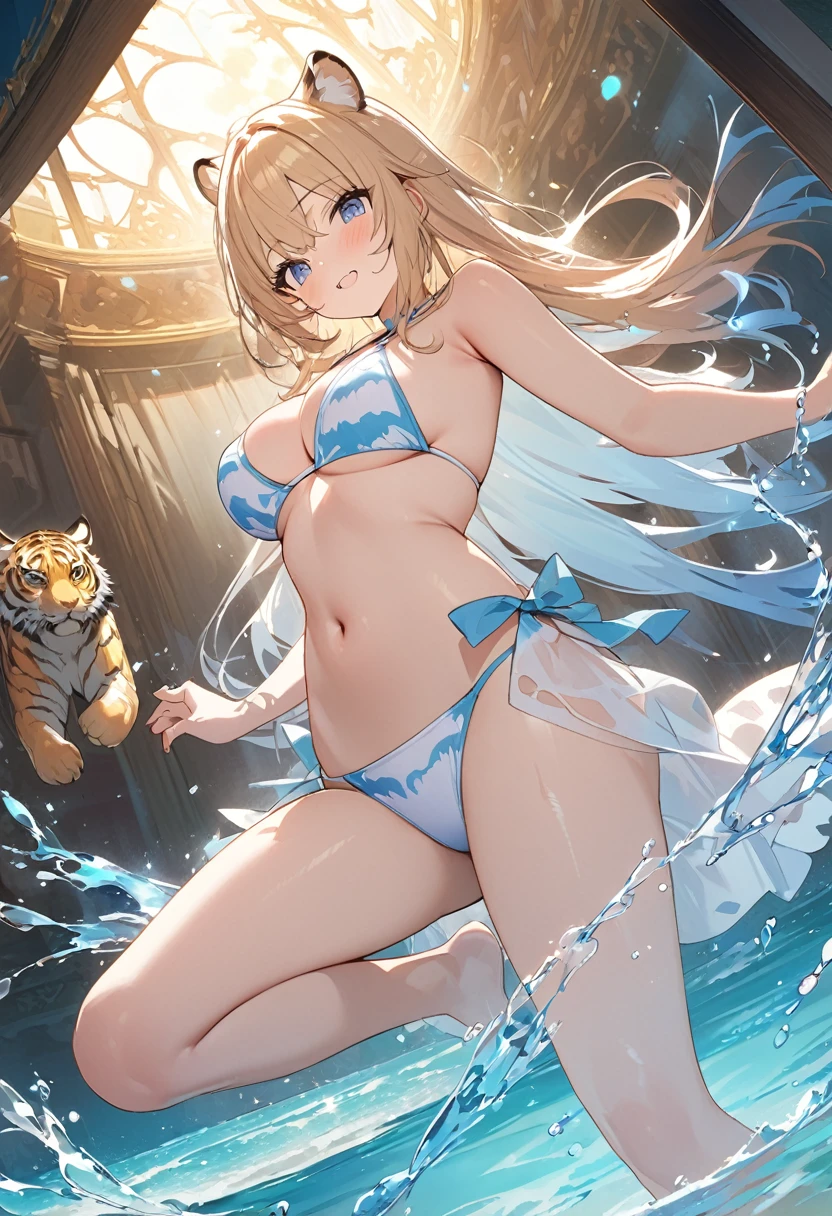 (​masterpiece, top-quality, Official art:1.2)Look at viewericro bikini, tiger and girl, Tiger painting}A flash of light runs, Colorful water levitation(2D:1.5),