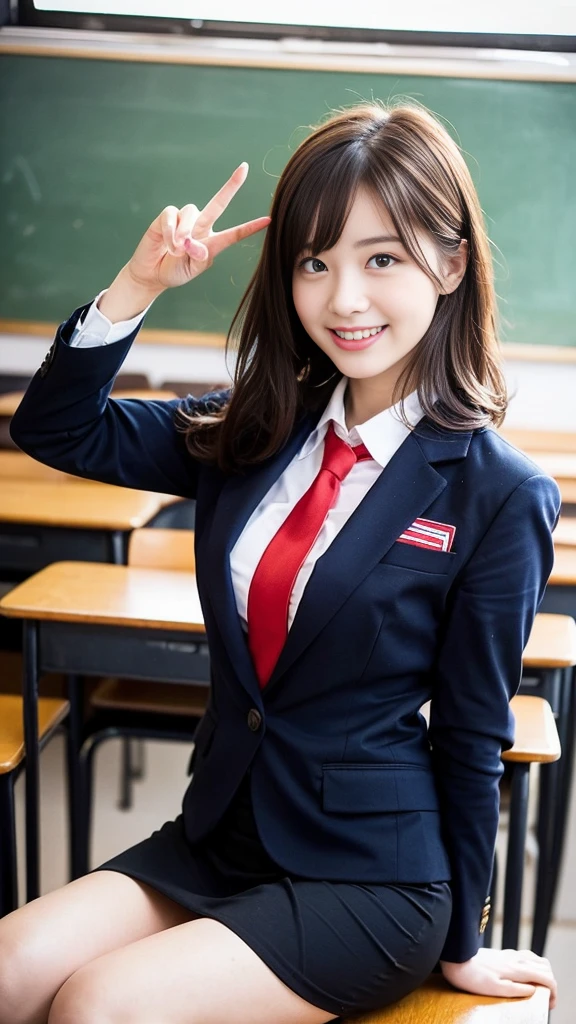 Beautiful girl is in the school classroom. uniform with red tie Dark blue closed blazer An ultra-short skirt with a blue check pattern, , sitting with legs spread, short-cut brown hair with waves on the side. The best smile I see your beautiful thighs, knees, random poses, pretty girl, slim girl. I'm sitting with my legs wide open on the classroom table. My skin is beautiful, wearing cute sneakers. Natural makeup