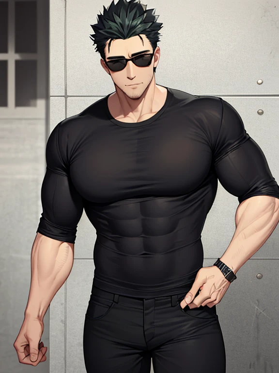 A handsome man with a tall texture and a sturdy and slim body, wearing a tight black t-shirt and visible muscle tone, wearing sunglasses, like Gojo Satoru 