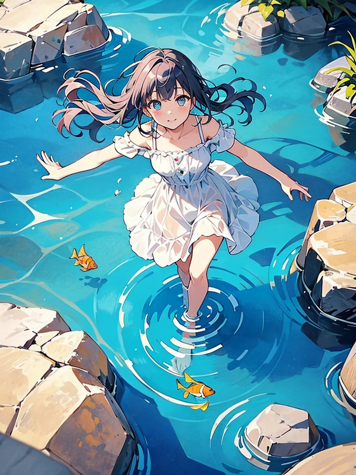 Woman walking on calm water, ((from above:1.5)), From above, Overlooking、Woman dancing in a dress、Bottom Fish, Lots of aquatic life, Pool, Fish shadow
