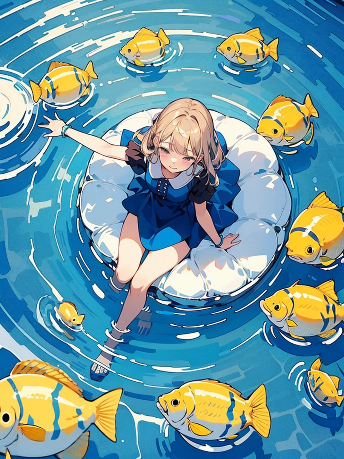 Woman walking on calm water, ((from above:1.5)), From above, Overlooking、Woman dancing in a dress、Bottom Fish, Lots of aquatic life, Pool, Fish shadow
