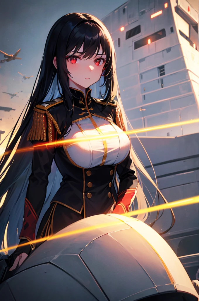 a highly detailed portrait of a beautiful woman with long black hair, red eyes, and a cold, distant expression, wearing a black, red and gold military uniform resembling a German officer's uniform, standing in front of a futuristic space battleship in the background, dramatic lighting, cinematic composition, intricate details, photorealistic, masterpiece, 8k,Girl