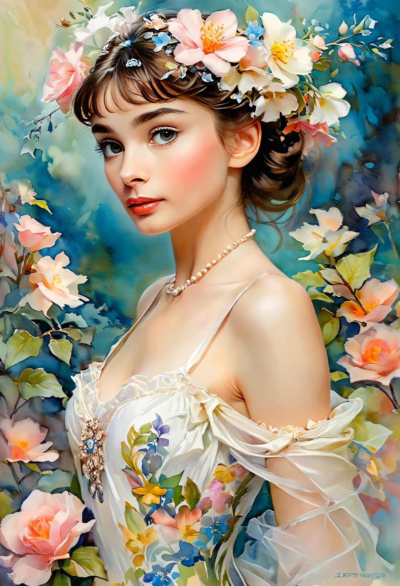 Depicts a beautiful woman with flowers in her hair, (Audrey Hepburn:1.4), Highly detailed watercolor painting, The style of Alfons Maria Mucha and Gustav Kirmut, Art Nouveau accents, Fairy Princess, Anthropomorphic woman, Female figure, Detailed cover artwork, As the Flower Goddess, Alphonse Mucha, Gustav Klimt, Pale skin, Marble sculpture, society, Gothic art, Art Nouveau, Behance Contest Winner