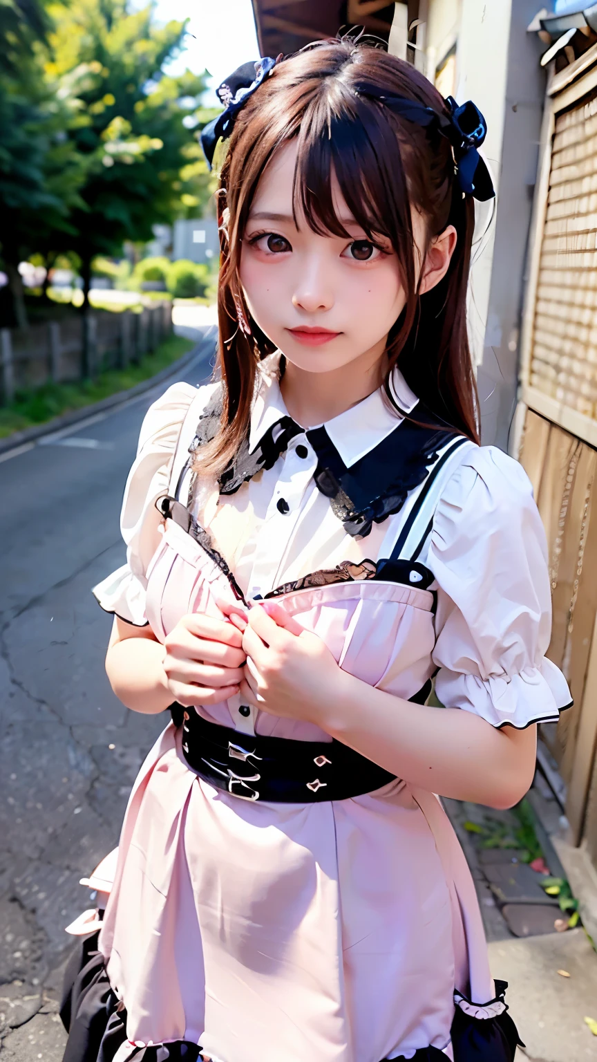 (Realistic, photo-Realistic:1.37), Unbelievably absurd, (Very detailed:1.3), 8k, (masterpiece), (Highest quality:1.4), (Ultra-high resolution:1.2), (RAW Photos:1.2), Very detailed背景, (unity 8k wallpaper), 1 nogizaka girl, very cute, (bishojo:1.35), (17yo:1.4), (white, Black and pink mine fashion), (Delicate and beautiful face, eye, skin), (Beautiful dress with intricate details), Gothic Maid, (Open chest), (Thick black shiny hair), (Elegant frills), (Blue rose hair accessory), (Smiling for the camera), whole body, Street view, Professional Lighting, 1 Girl, (Light pink hair)