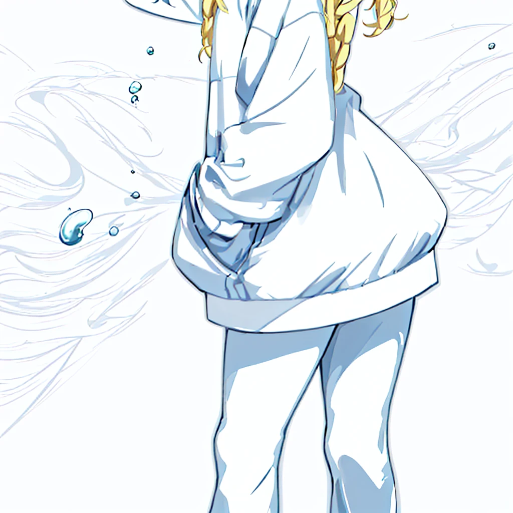 the lady is wearing a hooded sweater standing with one foot on a step, 1girl, solo, chewing gum, blonde hair, blue eyes, hat, hand in pocket, braid, bubble blowing, white background, full body, long hair, multicolored clothes, simple background, shoes, looking at viewer, baseball cap, twin braids,Eiko Tsukimi, blue eyes, braid, twin braid, (((blonde hair))), long hair, baseball cap