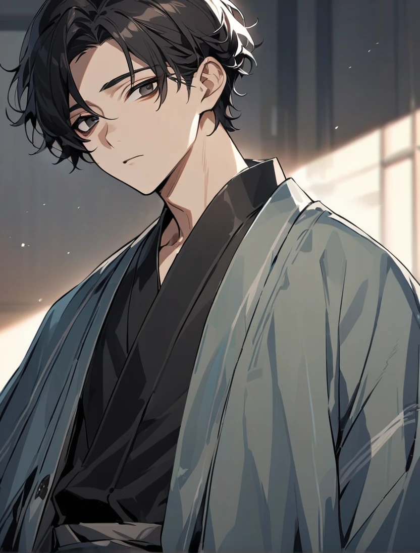 (black_hair), (short_hair), (deep_black_eyes), (Handsome), (Attractive), (male), (black_colored_Haori), (detailed_Hair), (detailed), (detailed_mouth), (Teenager), (dark_under_eyes), (no_outter_kimono)