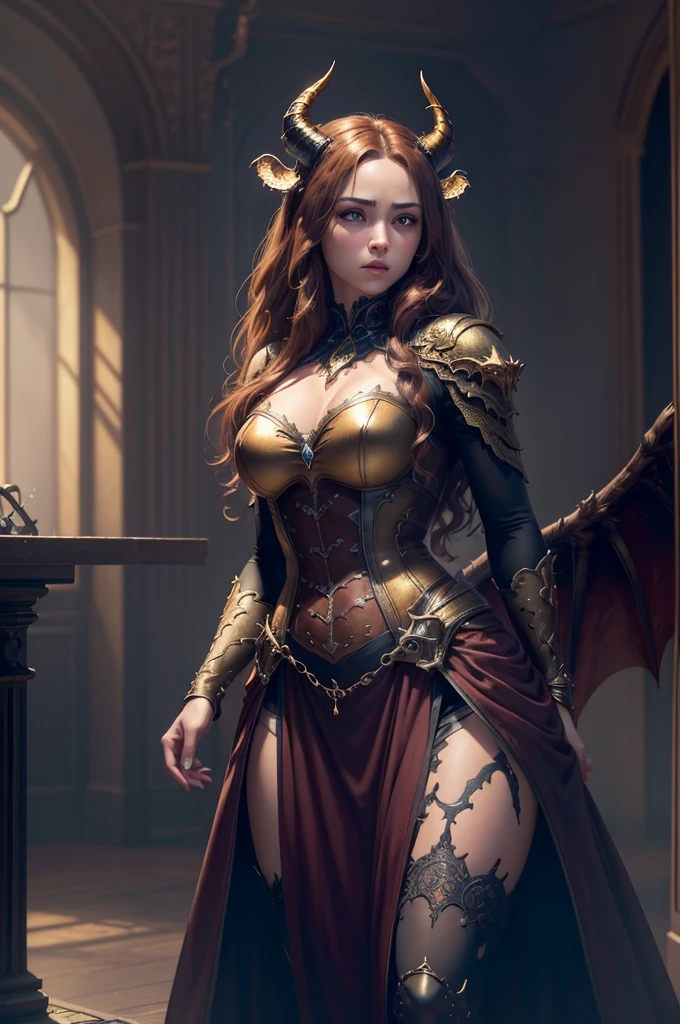 Professional , masterpiece、top-quality、photos realistic , depth of fields 、(Dragon Metal Body:1.9),(Enamellet、(cleavage of the breast)、Mystical expression、(fullmoon:1.2)、Dragon Gold Weapon、(Micro Bikini Armor:1.4),Gorgeous gold weapons ,(((Particles of light)))、Light Effects、intense fighting、(( Dragon's dense and gorgeous sword)) , (demonic wings)、((Red-haired))、(Castle background)、((Gangle's forest background))、((Fight dragons))、Beautiful Caucasian beauty、1a person、dynamic ungle,(((Detailed and ornate dragon helmet)))、Smaller head、A smile、Castle background、Thin and beautiful female hands、cleavage of the breast、Soldier in iron armor on background、Mystical expression、Light Effects、intense fighting、Wind-effect、magic circles、With the legendary magic wand、Dragon's tail、explosions、Anatomically correct body、