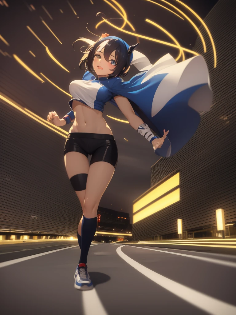 score_9, score_8_up, score_7_up, score_6_up, score_5_up, score_4_up, (derpibooru_p_95), source_cartoon, high speed race, solo, 1girl, pomni, colored skin, sweat, happy, arms up, driving sportbike,  jester cap, night street background, motion trail, blur, highway 