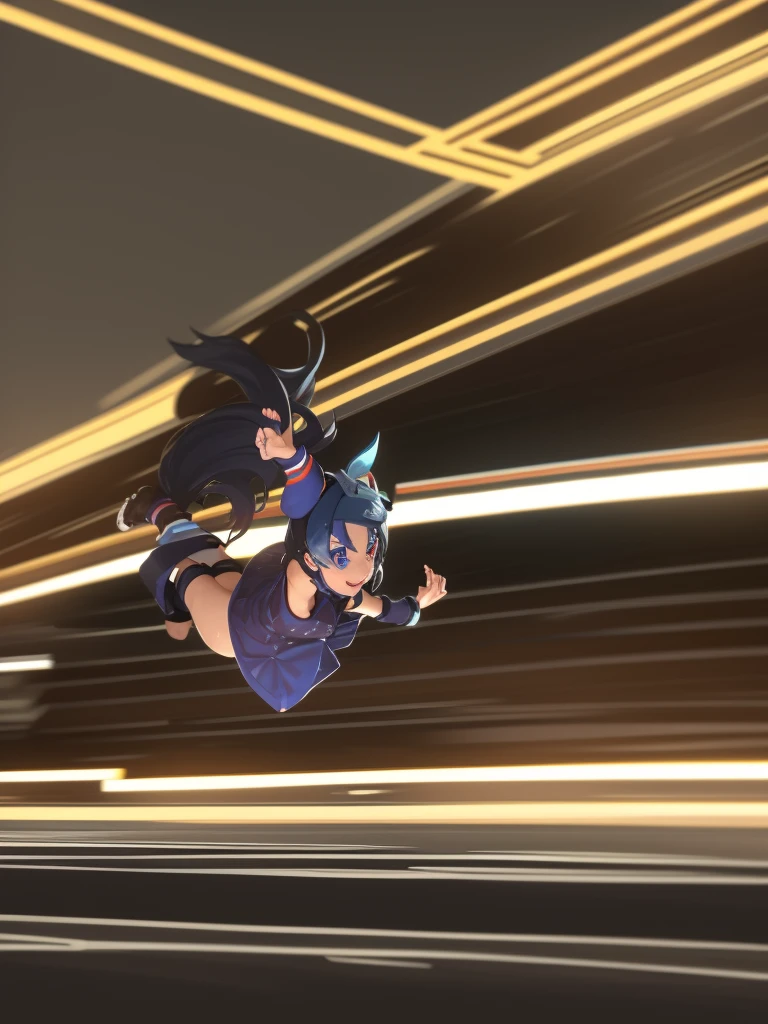 score_9, score_8_up, score_7_up, score_6_up, score_5_up, score_4_up, (derpibooru_p_95), source_cartoon, high speed race, solo, 1girl, pomni, colored skin, sweat, happy, arms up, driving sportbike,  jester cap, night street background, motion trail, blur, highway 