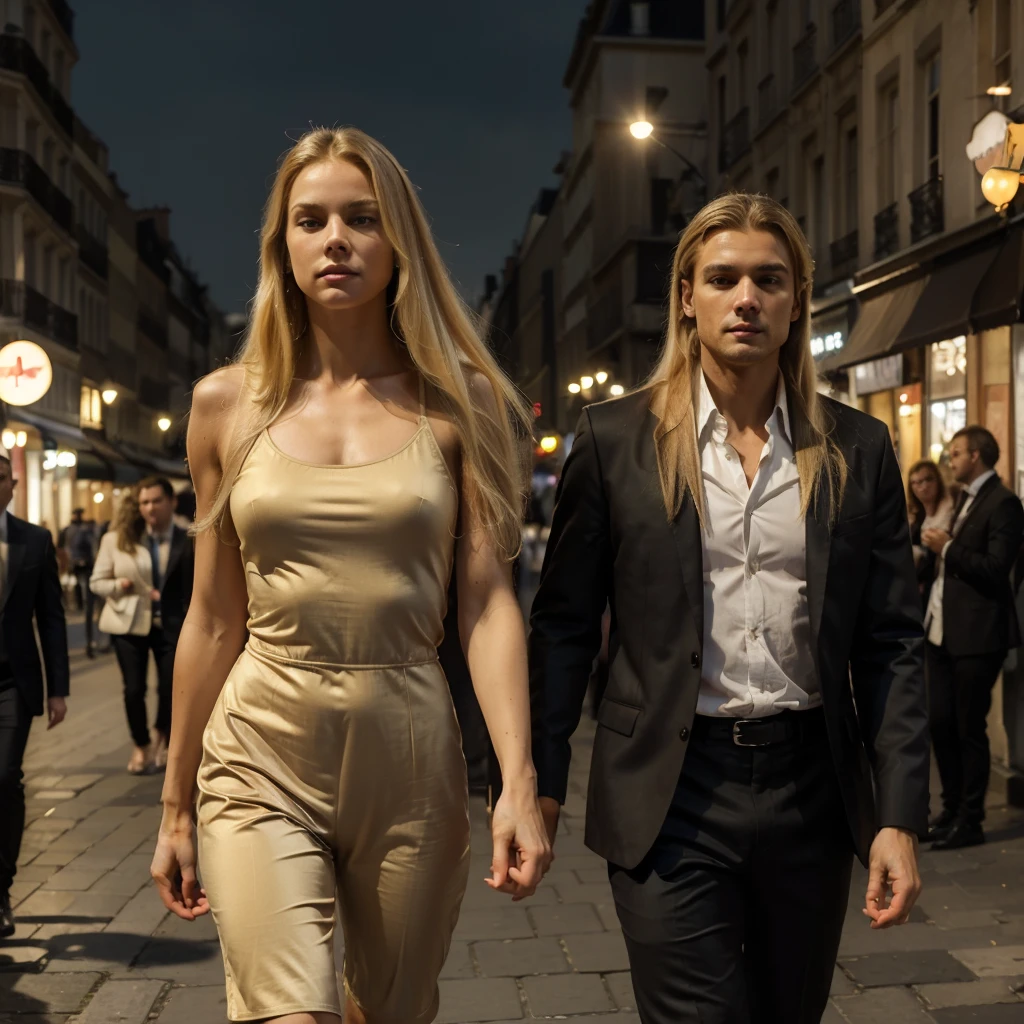 ((masterpiece)) ((best quality)) ((couple)) 1woman, ((very long blonde hair)) , walking in Paris, France, with 1man, tall, ((muscular)) dark, short hair man, wear light suit, summer evening 