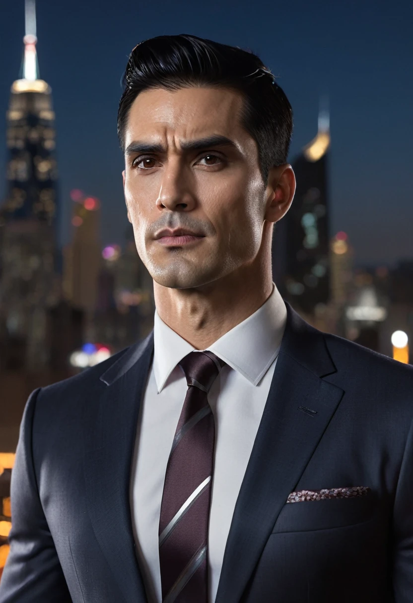 (absurdres, highres, ultra detailed, realistic, ), 1 male, solo, adult, mature, tall muscular guy, broad shoulders, handsome, very short hair, black hair, brown eyes, angular jaw, thick neck, thick eyebrows, night, dark, the night view of the city background, formal suit, necktie, upper body