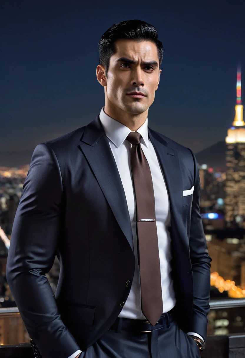 (absurdres, highres, ultra detailed, realistic, ), 1 male, solo, adult, mature, tall muscular guy, broad shoulders, handsome, very short hair, black hair, brown eyes, angular jaw, thick neck, thick eyebrows, night, dark, the night view of the city background, formal suit, necktie, upper body