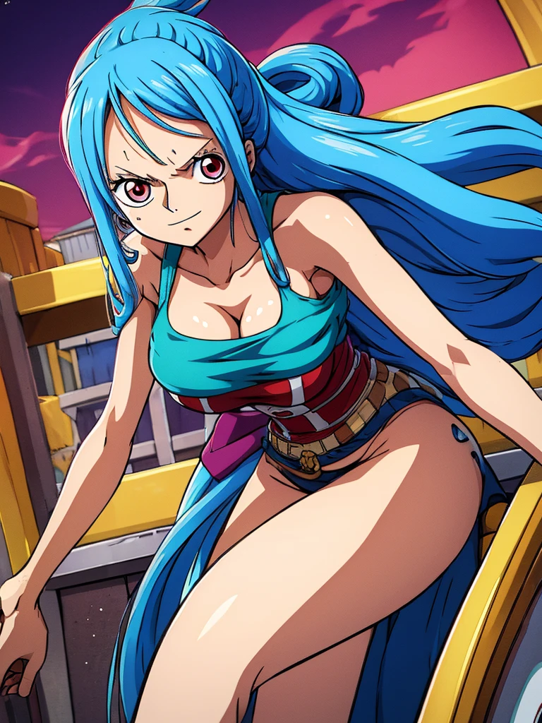 female character from one piece with very long blue hair and very red eyes 