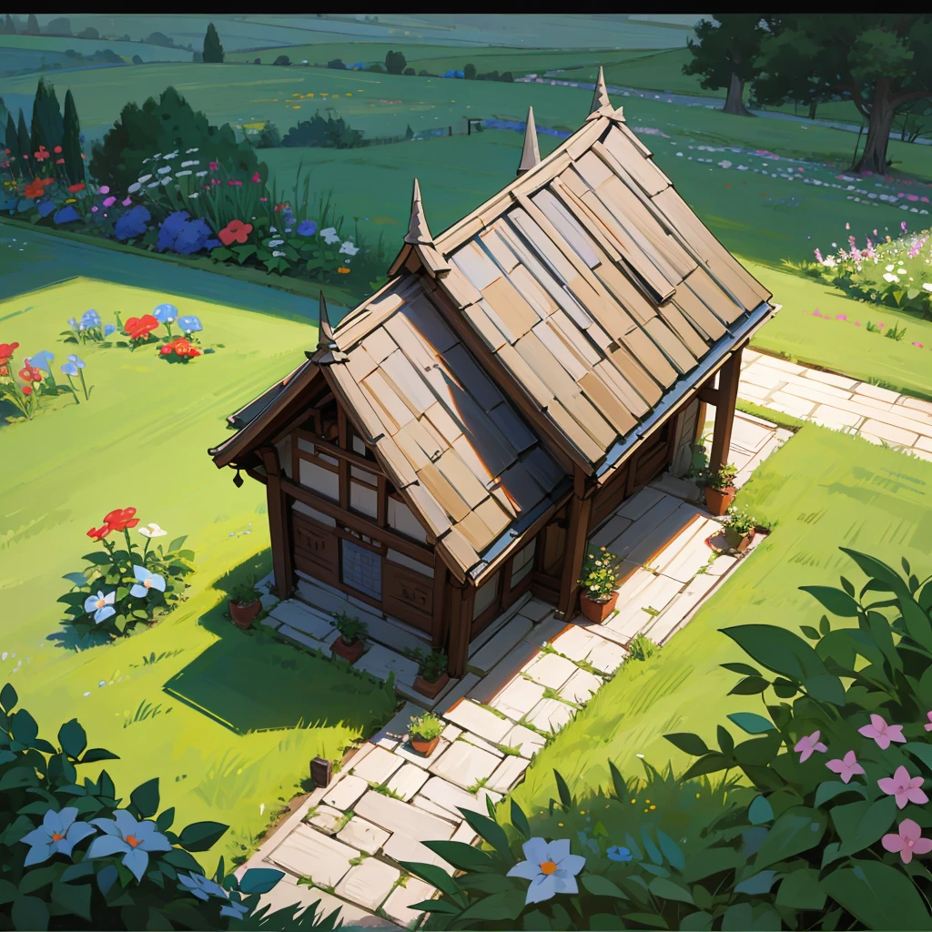 Cartoon house with garden medieval 
