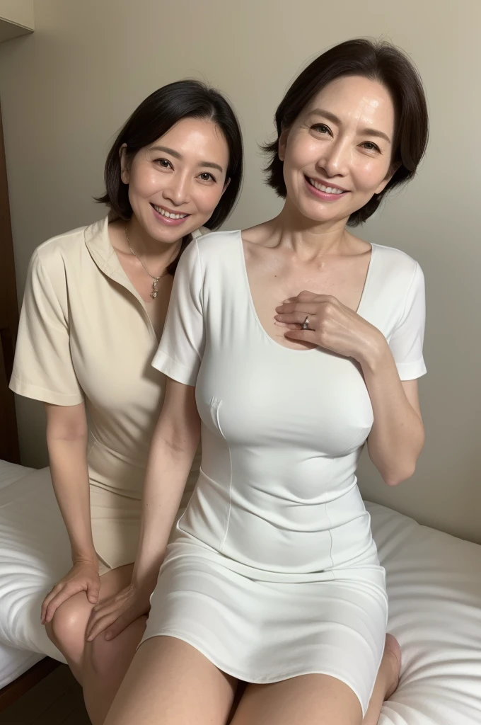 masterpiece, best quality, 16K, hospital, operating room, old woman, interior photo, glad, smiling, standing, front view, long hair, ponytail, black hair, eyes open, (large breasts:1.32), (wrinkles corners eyes:1.32), (nasolabial:1.32), (old skin:1.32), freckled skin, wrinkles skin, pale skin, (old muscles:1.2), plump, {(nurse), (breast pocket), (collared dress), (short dress:1.48), (short sleeves), (thighs), (white dress), (white headwear), (white sandals), (stethoscope)}, beauty mark, 55-year-old, old, elderly, japanese, inside, in the hospital, with a operating table, in the afternoon, real person, ultra realistic photo, nsfw, full body shot, from front, front view