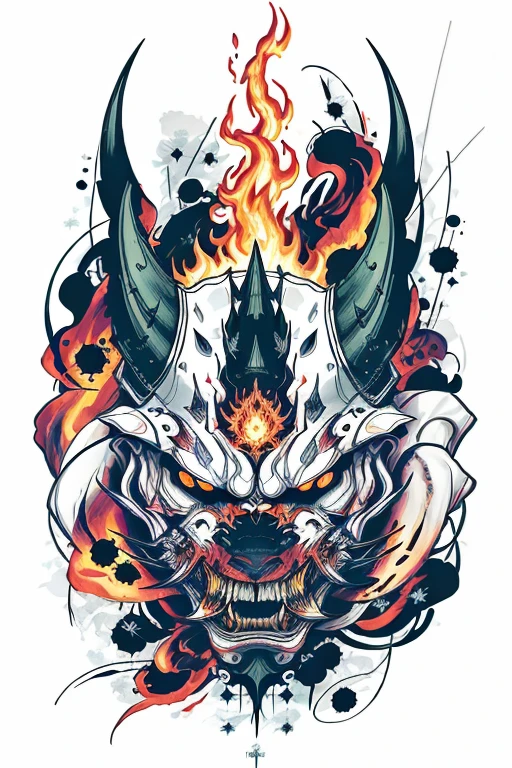 Fire flame effect thin tattooed white background rich in color，The armored demon opened its mouth and roared ，The special effects of demons, colorful ghosts and fireworks create a logo，Masterpiece artwork