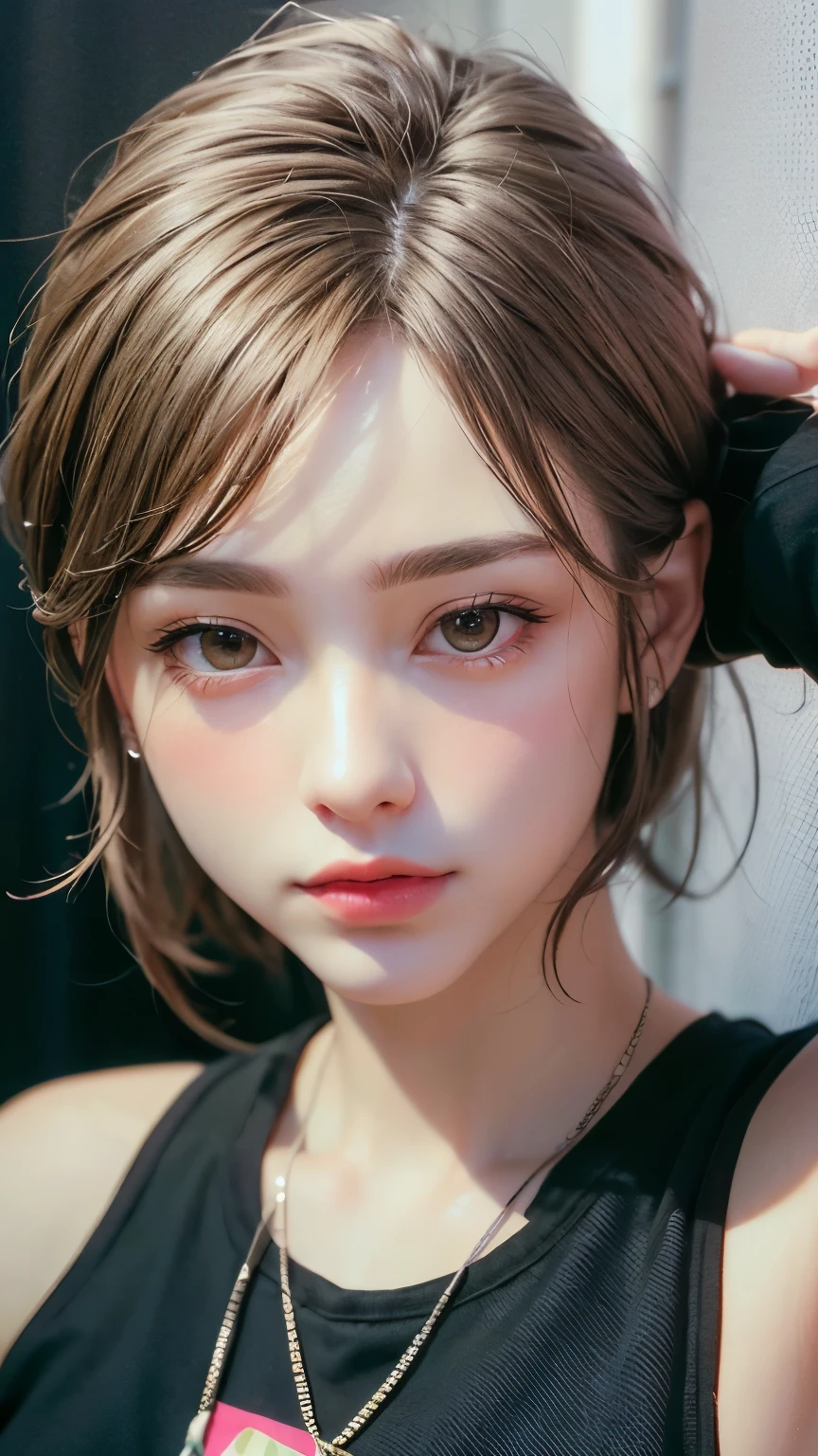 Masterpiece hyperrealist & Photorealistic beautiful girl, Realistic Skin (Pore-filled skin) Short Bob Cut Hair, Realistic red lips,Punk Girl, (head shot:1.5),Shorts