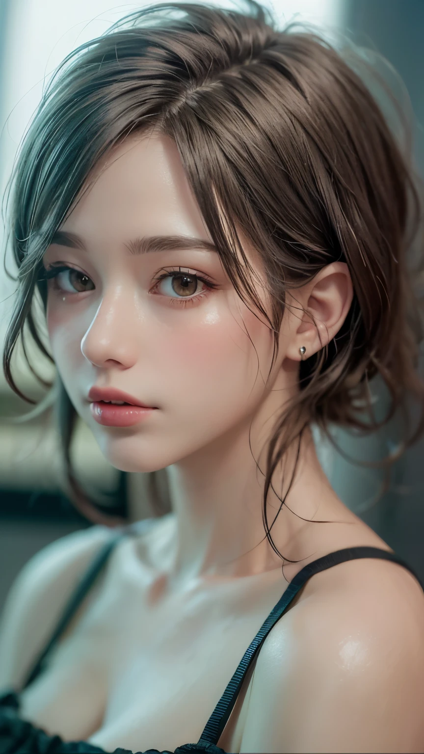 Masterpiece hyperrealist & Photorealistic beautiful girl, Realistic Skin (Pore-filled skin) Short Bob Cut Hair, Realistic red lips,Punk Girl, (head shot:1.5),Shorts