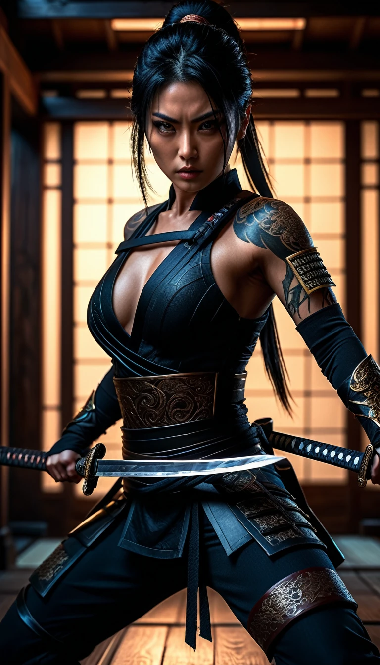 a deadly female ninja in a fantasy japanese setting, dangerous and sexy, full body shot, realistic photography, masterpiece, ultra-detailed, best quality, 8k, hyperrealistic, dramatic lighting, dark and moody atmosphere, piercing eyes, stoic expression, lean muscular figure, tight black bodysuit, katana sword, intricate tattoos, descending from the shadows, (realistic:1.4),(photorealistic:1.4),(cinematic:1.2),(dark fantasy:1.2),(horror:1.1),(masterpiece:1.2),(8k:1.2),(high quality:1.2),(extremely detailed:1.2),(detailed facial features:1.2),(extremely detailed eyes:1.2)