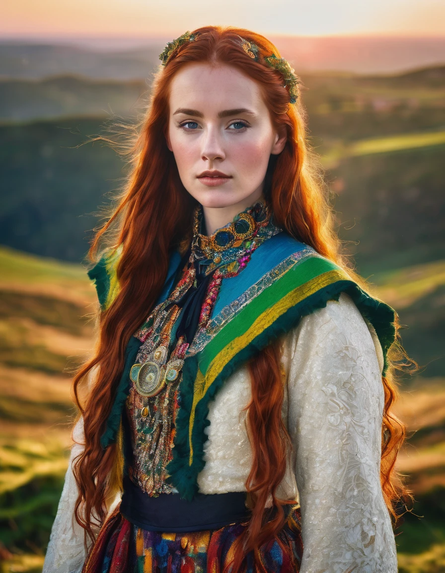 a young irish woman with long red hair, wearing a fancy typical clothing in fantastic fabric,white and greencolors, blue sky, golden hour, natural lighting, hyper-maximalism, raw photography, ultra-detailed photorealistic textures, artistic bokeh, volumetric lighting, vibrant colors, Sony/Zeiss 90mm,f2.8,vray,hdr,32k,(masterpiece), best quality