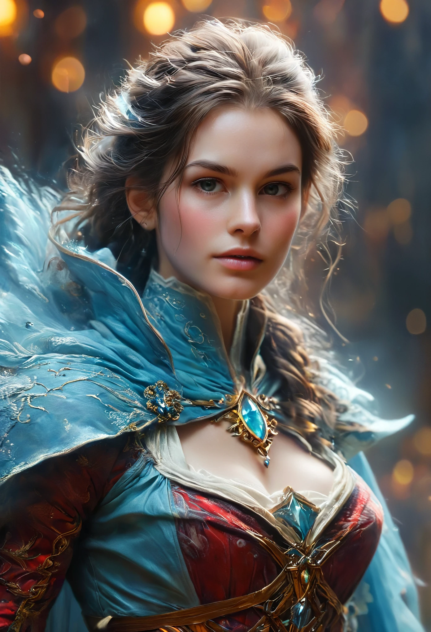 A handsome woman wearing a mage's robe, (detailed portrait of Anne Hathaway as an Icemancer:0.7), fantasy art by Seb McKinnon, intricate magical details, trending on ArtStation, magical environment, cinematic lighting, rich saturated colors, dramatic pose