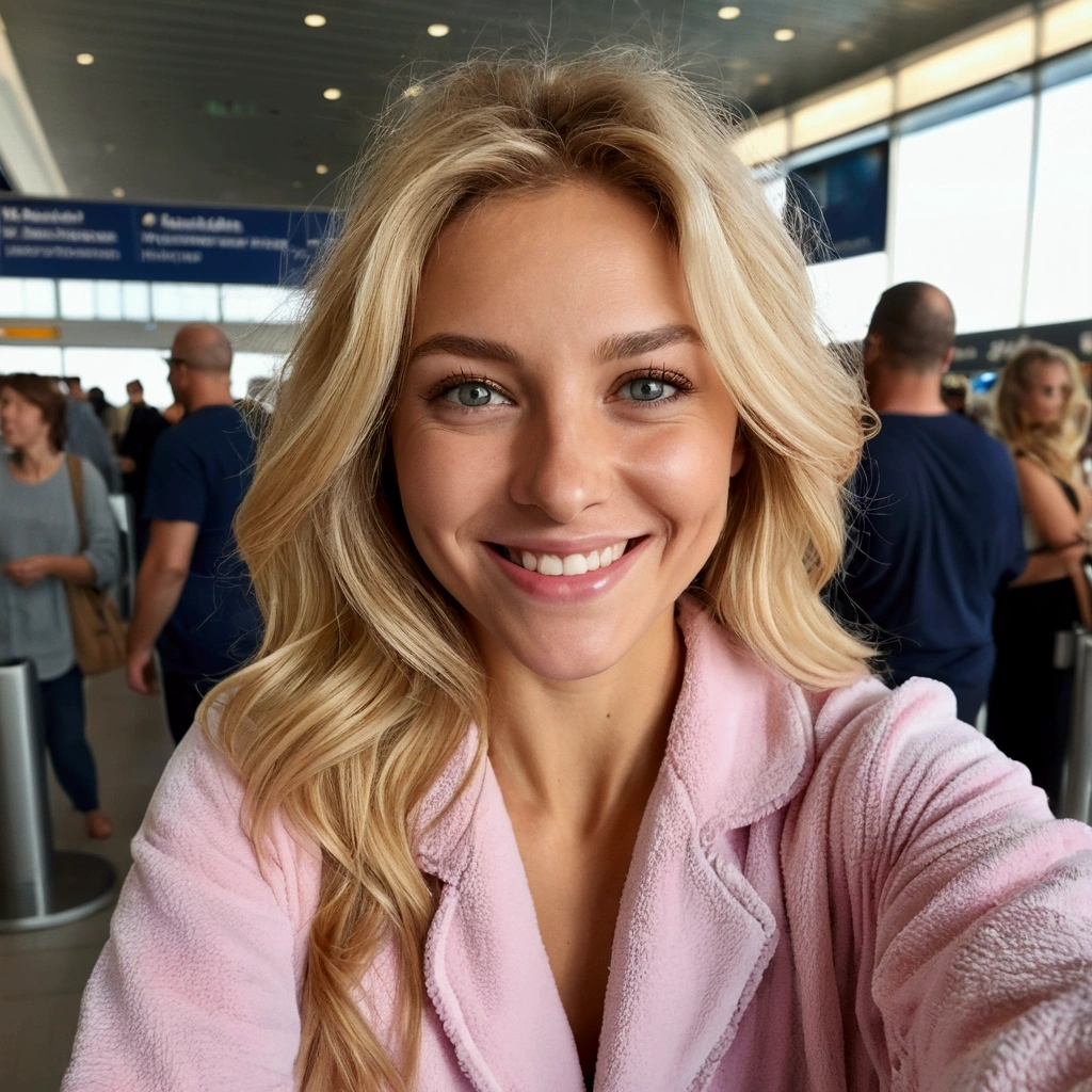 Photoréaliste, Meilleure qualité, hyper détaillé, souriant, sourire avec les dents, Yeux réalistes, le corps entier, lèvres détaillées, 8k, hyperréaliste, à l'aéroport, belle femme aux cheveux blonds naturels, photo de selfie, tout le corps, seulement, porter des vêtements décontractés, matinée en salle), porter un pyjama, (détendu), grain de film, Fermer, ultra haute résolution, meilleure ombre, BRUT, LUT Instagram