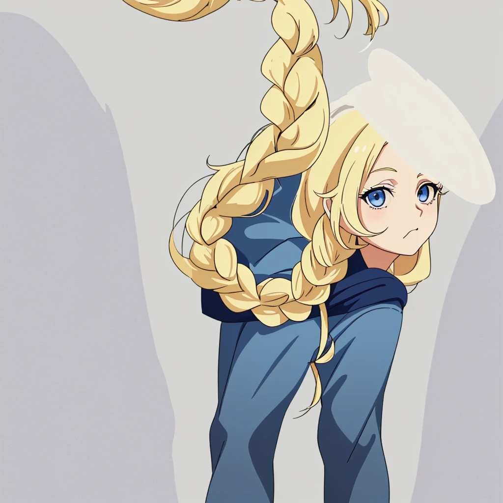 the lady is wearing a hooded sweater standing with one foot on a step, 1girl, solo, chewing gum, blonde hair, blue eyes, hat, hand in pocket, braid, bubble blowing, white background, full body, long hair, multicolored clothes, simple background, shoes, looking at viewer, baseball cap, twin braids,Eiko Tsukimi, blue eyes, braid, twin braid, (((blonde hair))), long hair, baseball cap 