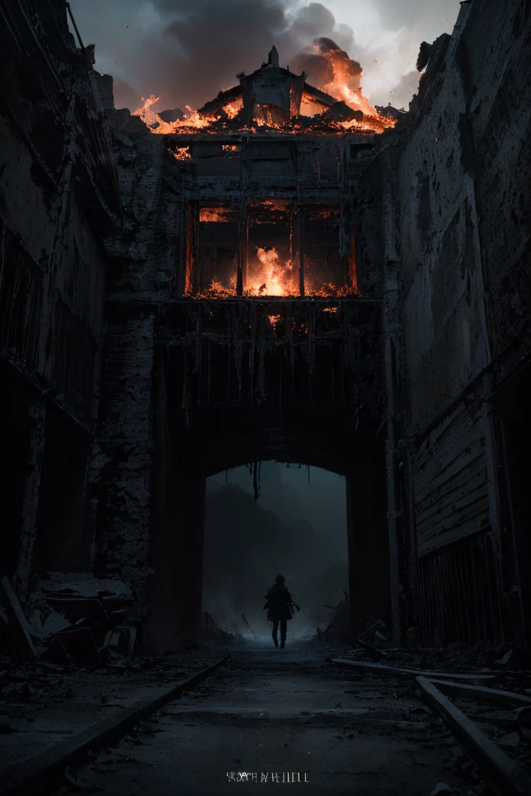 hell&#39;s battlefield、storm、A female soldier in combat uniform in the distance、, Surrealism, cinematic lighting, UHD, anatomically correct, award winning, best quality, highres, 8k