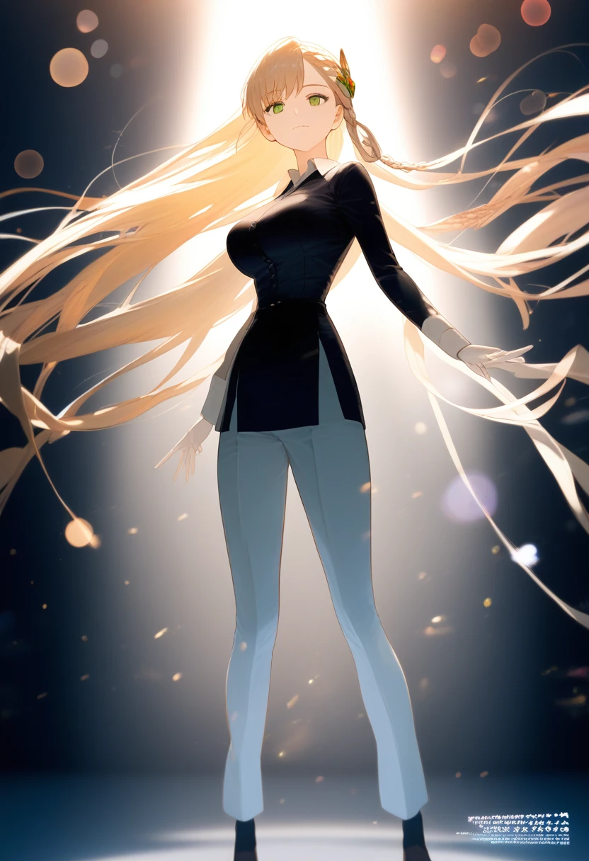 score_9, score_8_up, score_7_up, Simple White Background,
dynamic pose,standing at attention,
Black Shirt,
green_eyes,brown_hair,bangs,hair ornament,single_braid,long hair,
1 girl, 20yo,Young female,Beautiful long legs,Beautiful body,
Beautiful Nose,Beautiful character design, perfect eyes, perfect face,expressive eyes,perfect balance,
looking at viewer,(Focus on her face),closed mouth, (innocent_big_eyes:1.0),(Light_Smile:0.5),
official art,extremely detailed CG unity 8k wallpaper, perfect lighting,Colorful, Bright_Front_face_Lighting,White skin,
(masterpiece:1.0),(best_quality:1.0), ultra high res,4K,ultra-detailed,
photography, 8K, HDR, highres, absurdres:1.2, Kodak portra 400, film grain, blurry background, bokeh:1.2, lens flare, (vibrant_color:1.2),professional photograph,
(Beautiful,large_Breasts:1.4), (beautiful_face:1.5),(narrow_waist),