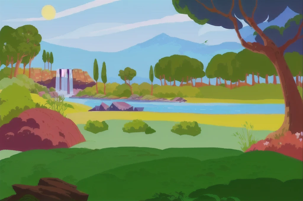 cartoon illustration of a river with a waterfall in the middle of a forest, beautiful and happy place, cozy background art, Studio Ghibli, sunny environment, trees in the background, mountain in the background, detailed and beautiful, rich design with details, illustration for book , Paradise, some birds flying.