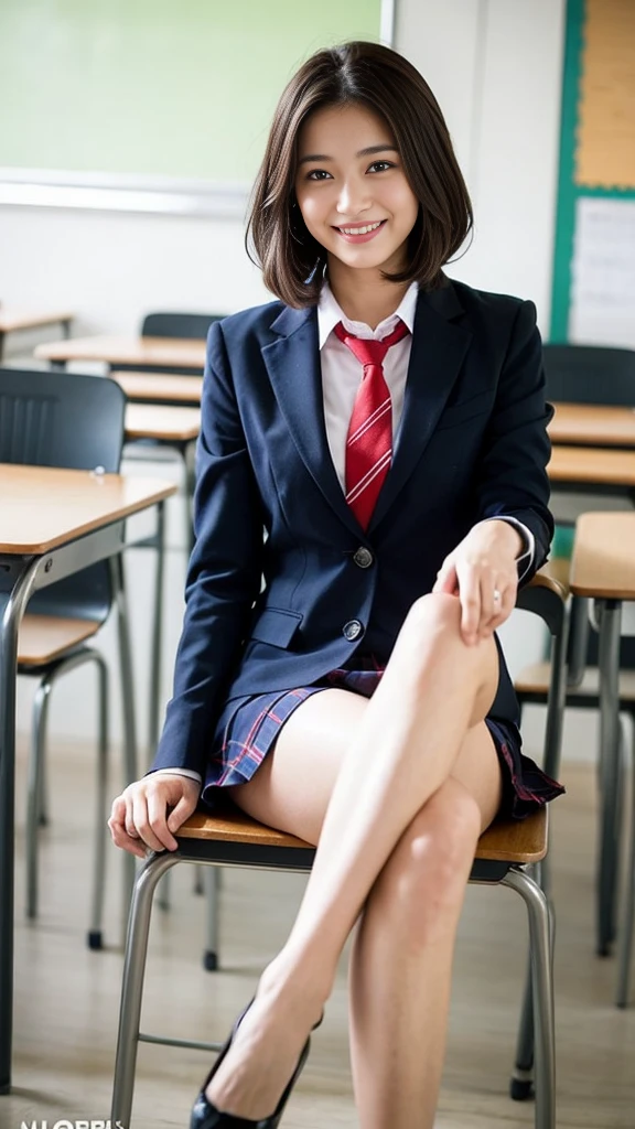 Beautiful girl is in the school classroom. uniform with red tie Dark blue closed blazer An ultra-short skirt with a blue check pattern, , sitting with legs spread, short-cut brown hair with waves on the side. The best smile I see your beautiful thighs. The leg details are realistic. Knees. Random poses. Beautiful girl. Slim girl. I'm sitting with my legs spread open on the table in the classroom. My skin is beautiful. I'm wearing cute sneakers. Natural makeup