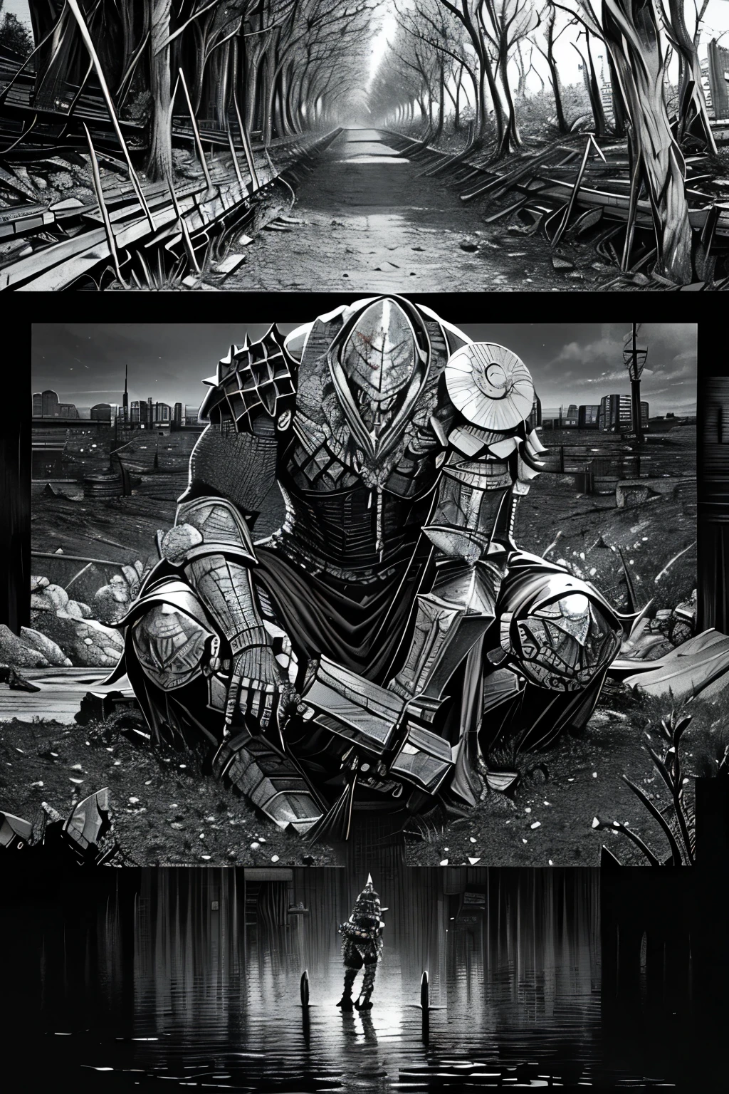 Comic storyboard:1.8, comic strip_layout, Metal Madden male Chaos Warrior An armored horned warrior wields a great sword in a ruined post-apocalyptic city, Skeleton mask, Sci-fi, fantasy, Horror, Skulls on the ground, Blood, Tornado, Roman, Empty chairs,Tangled roots,key, contortion,mangled,Ethereal, (isolation:1.1), (glaze:1.1), (reflective light:1.2), glass, polygon, Ultra detailed, Intricate, oil on the canvas, Dry brush, (surrealism:1.1), (Disturbing:1.1), Enhanced detail., 32K ,hyper HD