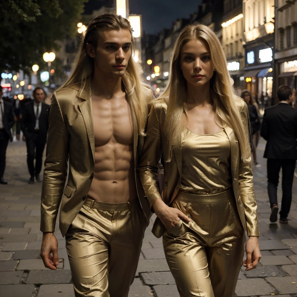 ((masterpiece)) ((best quality)) ((couple)) ((woman very long blonde hair)) , walking in Paris, France, with 1man, tall, ((muscular dark, short hair man)) , wear light suit, summer evening