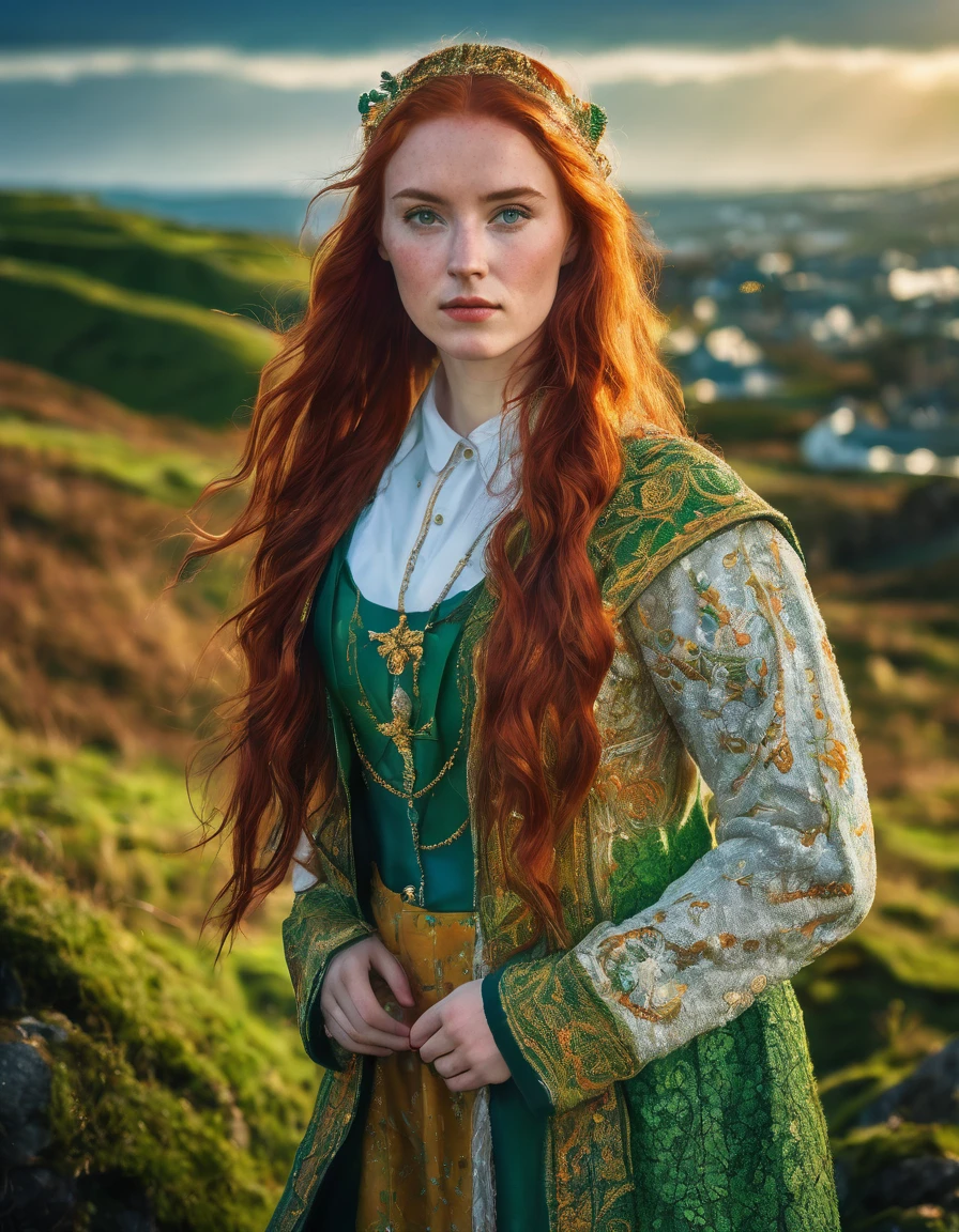 a young irish woman with long red hair, wearing typical irish clothing in fantastic fabric,white and greencolors, blue sky, golden hour, natural lighting, hyper-maximalism, raw photography, ultra-detailed photorealistic textures, artistic bokeh, volumetric lighting, vibrant colors, Sony/Zeiss 90mm,f2.8,vray,hdr,32k,(masterpiece), best quality