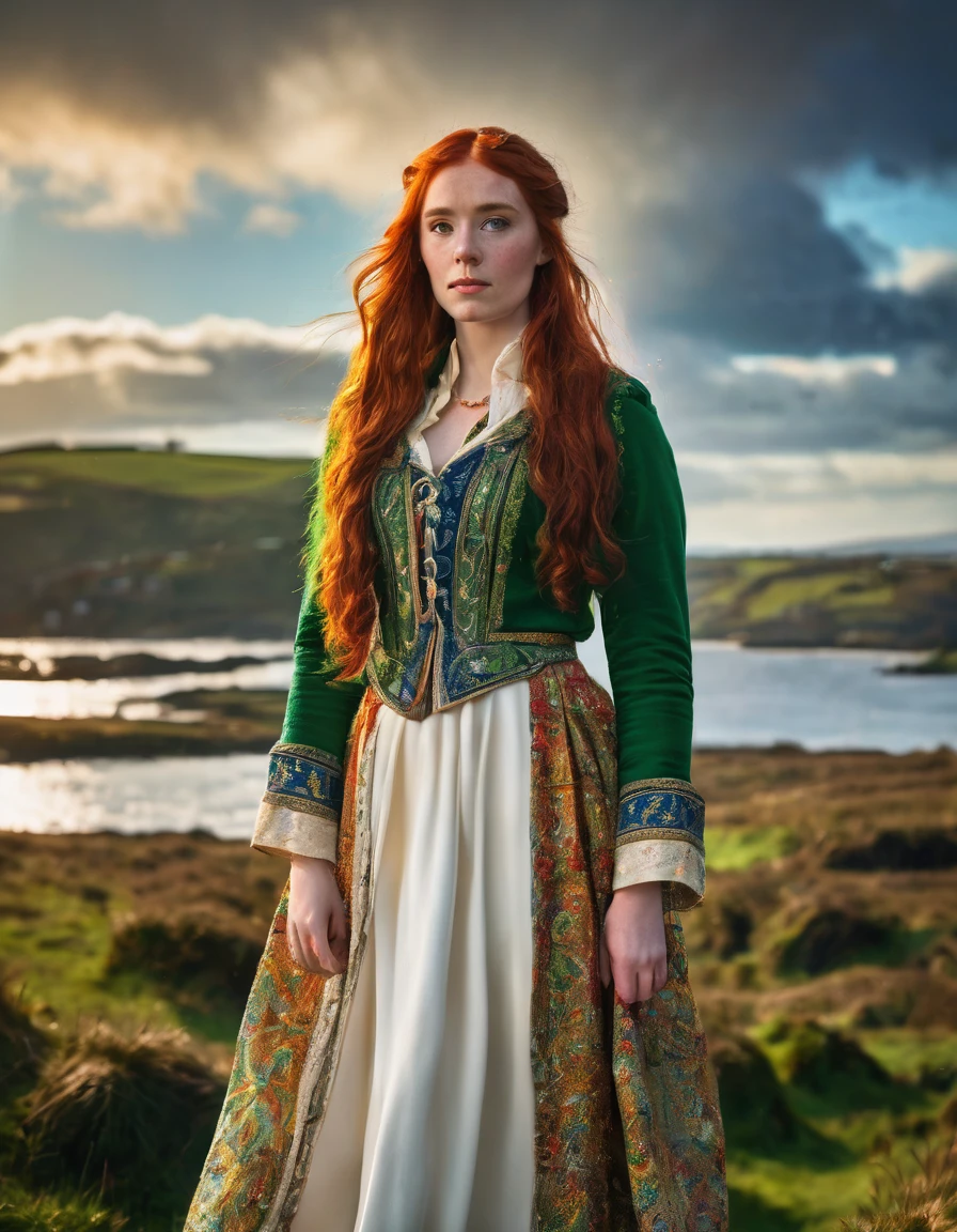 a young irish woman with long red hair, wearing typical irish clothing in fantastic fabric,white and greencolors, blue sky, golden hour, natural lighting, hyper-maximalism, raw photography, ultra-detailed photorealistic textures, artistic bokeh, volumetric lighting, vibrant colors, Sony/Zeiss 90mm,f2.8,vray,hdr,32k,(masterpiece), best quality