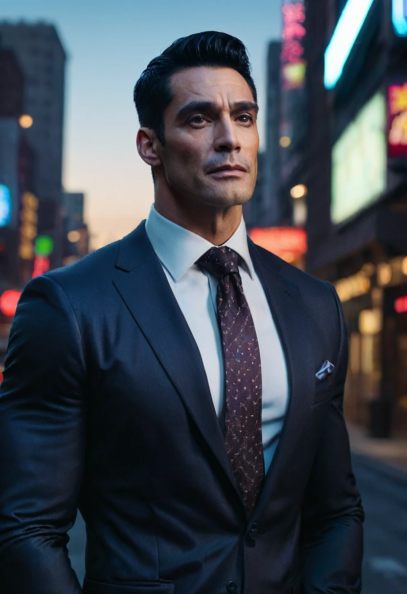 (absurdres, highres, ultra detailed, realistic, ), 1 male, solo, adult, mature, tall muscular guy, broad shoulders, handsome, very short hair, black hair, brown eyes, angular jaw, thick neck, thick eyebrows, night, dark, the night view of the city background, formal suit, necktie, upper body