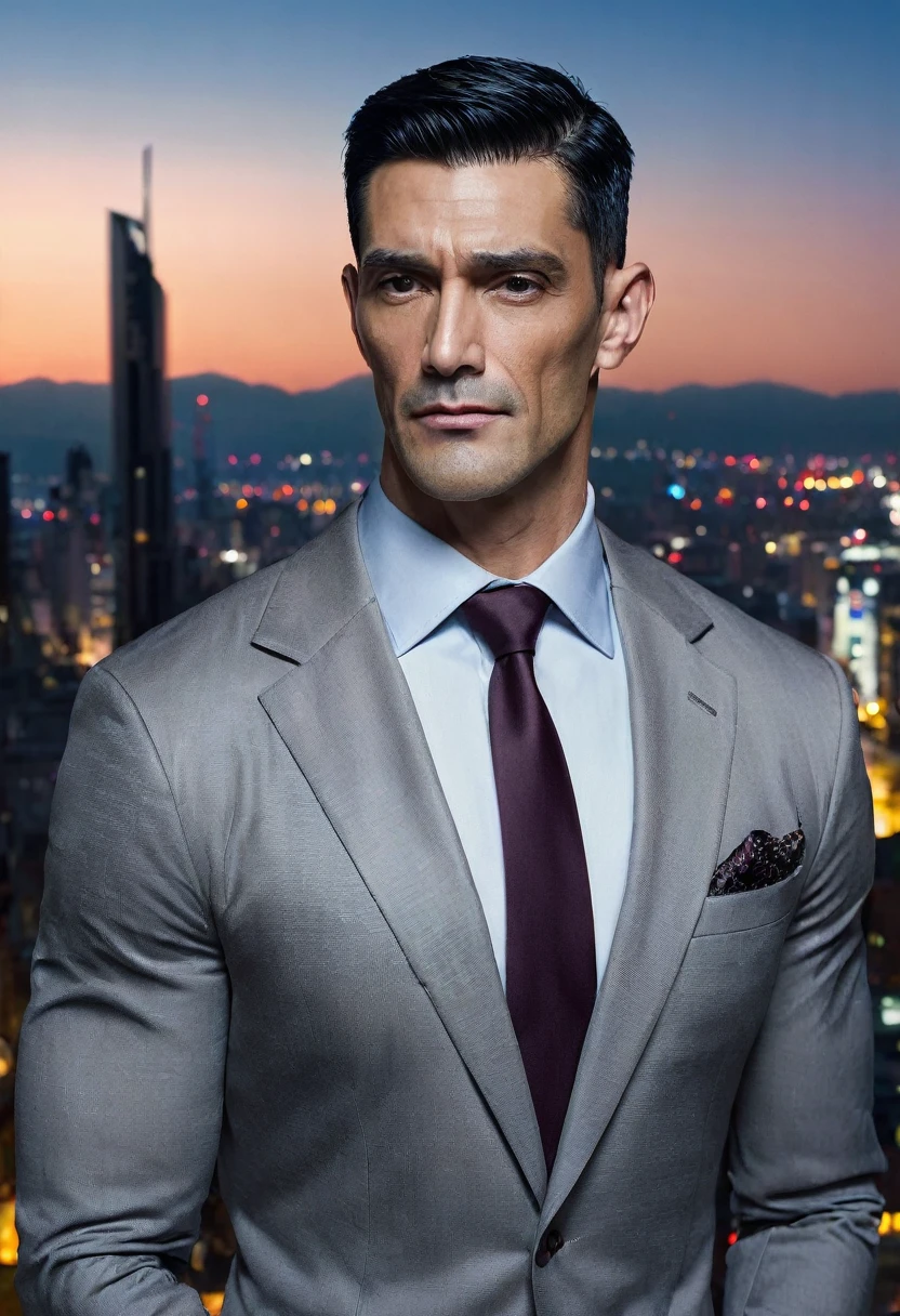 (absurdres, highres, ultra detailed, realistic, ), 1 male, solo, adult, mature, tall muscular guy, broad shoulders, handsome, very short hair, black hair, brown eyes, angular jaw, thick neck, thick eyebrows, night, dark, the night view of the city background, formal suit, necktie, upper body