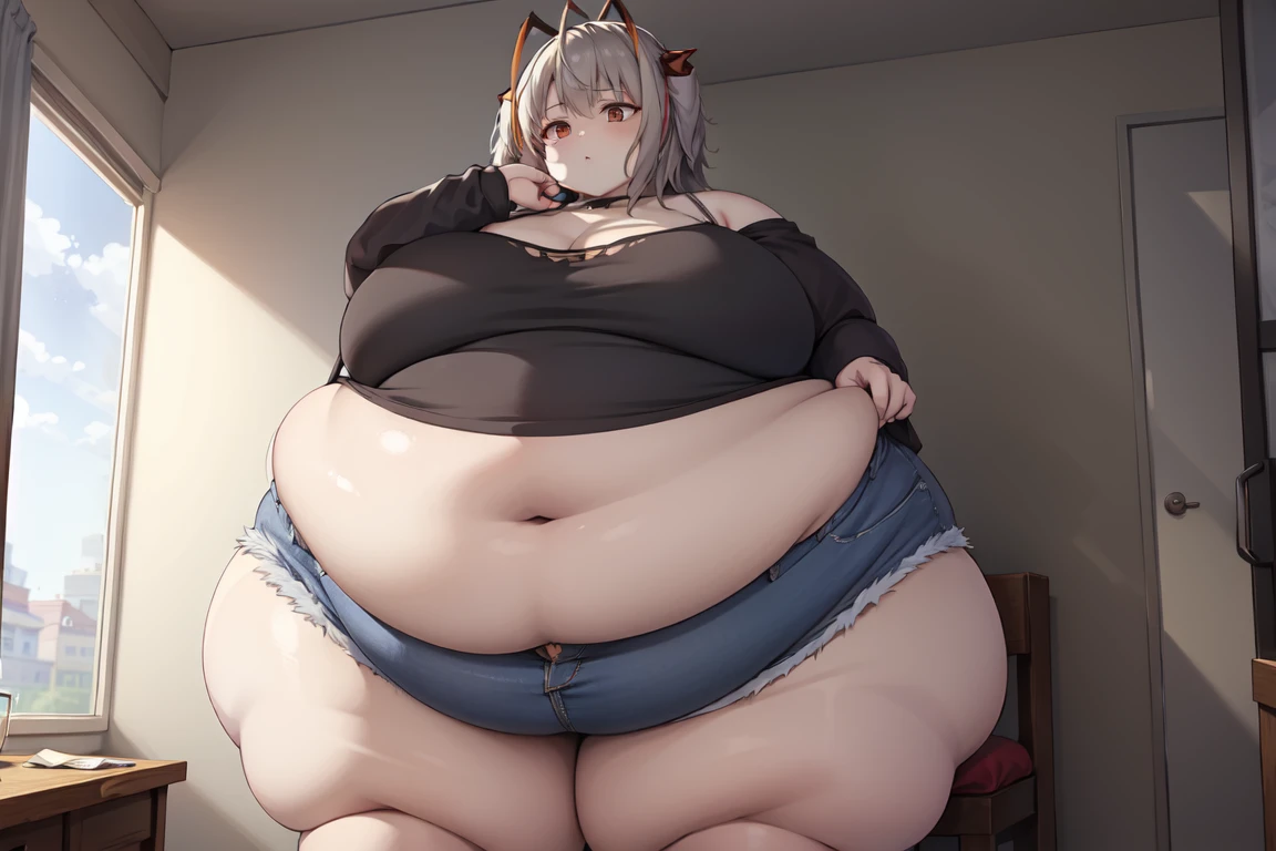 w_arknights, wide hips, torn clothes, massive hips, buttoned shirt, jean shorts, apartment, glass walls, big cleavage