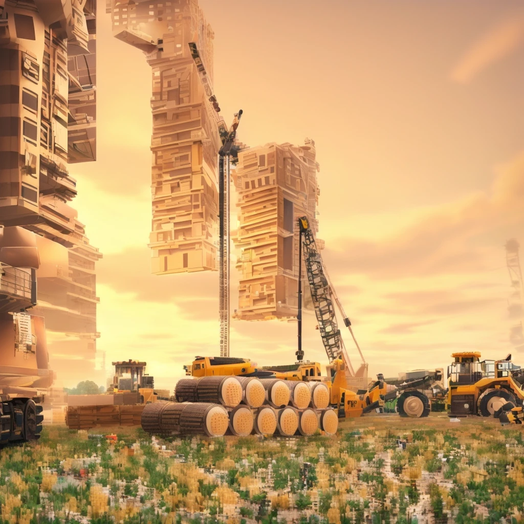 there are many construction equipment that are on the grass, construction, construction yard, construction site, robot in construction, photo rendering, um hyperrealisti, publicity photo, transportation design rendering, Digital rendering, muita construction, big tubes, hyperrealisti, hyperrealisti, highly photographic rendering