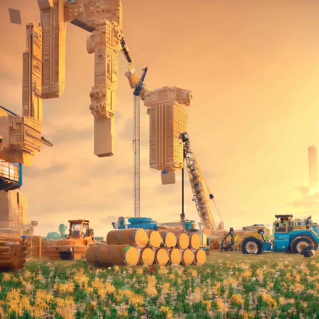 there are many construction equipment that are on the grass, construction, construction yard, construction site, robot in construction, photo rendering, um hyperrealisti, publicity photo, transportation design rendering, Digital rendering, muita construction, big tubes, hyperrealisti, hyperrealisti, highly photographic rendering