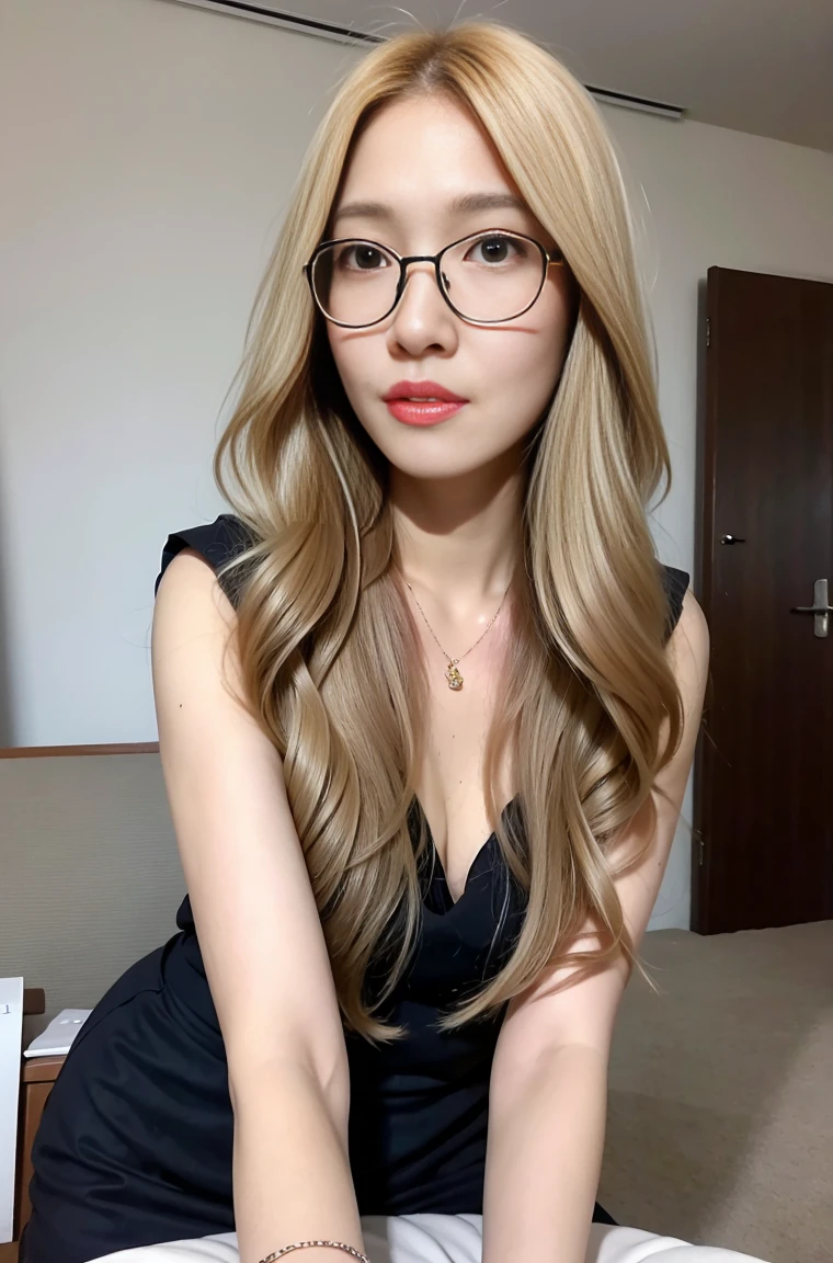 Best quality, masterpiece, photorealistic:1.37, ultra high res, 8K raw photo, 1girl, 19 years old, korean, glasses, beautifull face, beautifull eyes, long hair, blonde hair, medium breast, secretary outfit, (erotic pose:1.3), seductive, bracelet, jewelry, looking at viewer, in the office, high detailed skin, pore, detailed background, 8k uhd, dslr