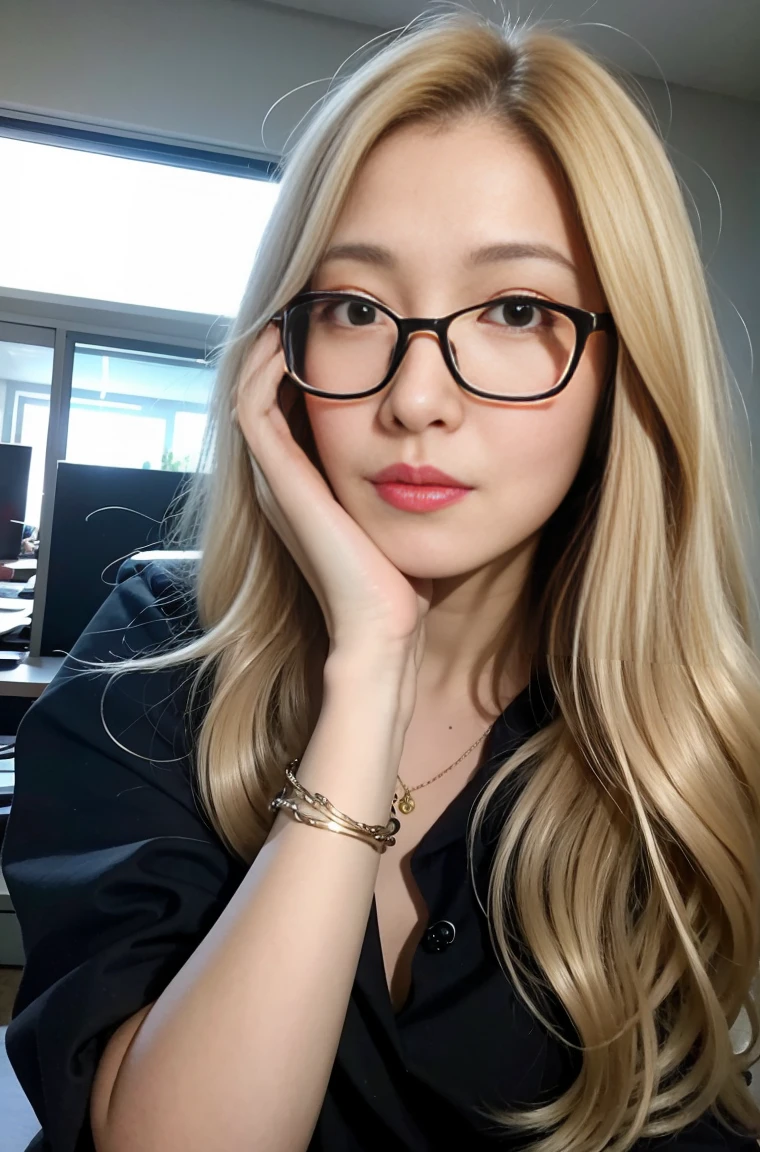 Best quality, masterpiece, photorealistic:1.37, ultra high res, 8K raw photo, 1girl, 19 years old, korean, glasses, beautifull face, beautifull eyes, long hair, blonde hair, medium breast, secretary outfit, (erotic pose:1.3), seductive, bracelet, jewelry, looking at viewer, in the office, high detailed skin, pore, detailed background, 8k uhd, dslr