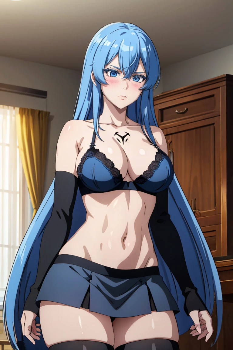 (artwork, best quality) a girl with long messy blue hair, blue eyes, blue eyelashes, black bra, black mini skirt, long black stockings, standing, tattoo, big breasts, perfect body, 4k hd, upset, blushing, in a room