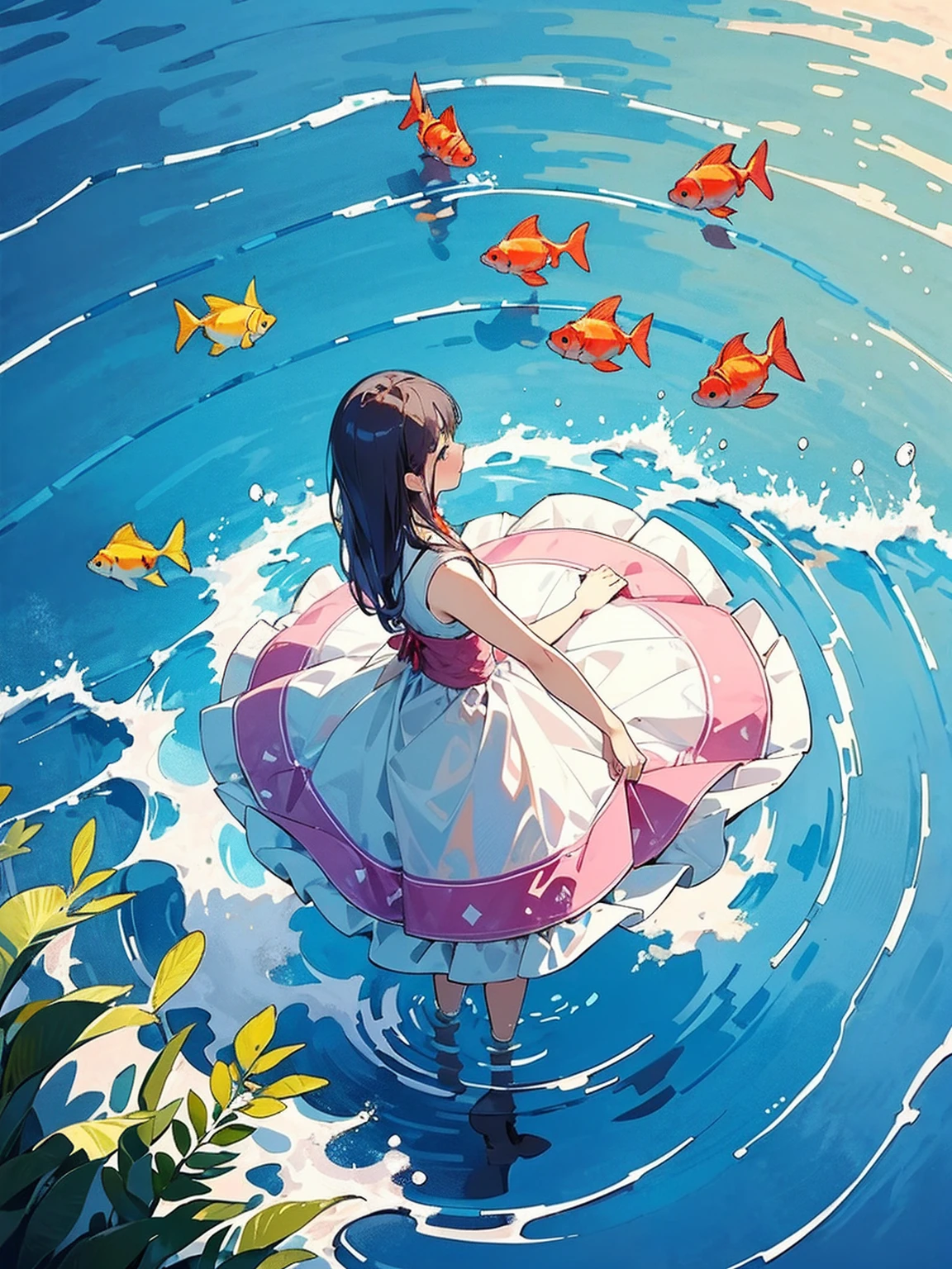 Standing on the calm water, ((from above:1.5)), From above, Overlooking、Woman dancing in a dress、Bottom Fish, Lots of aquatic life, Pool, Fish shadow