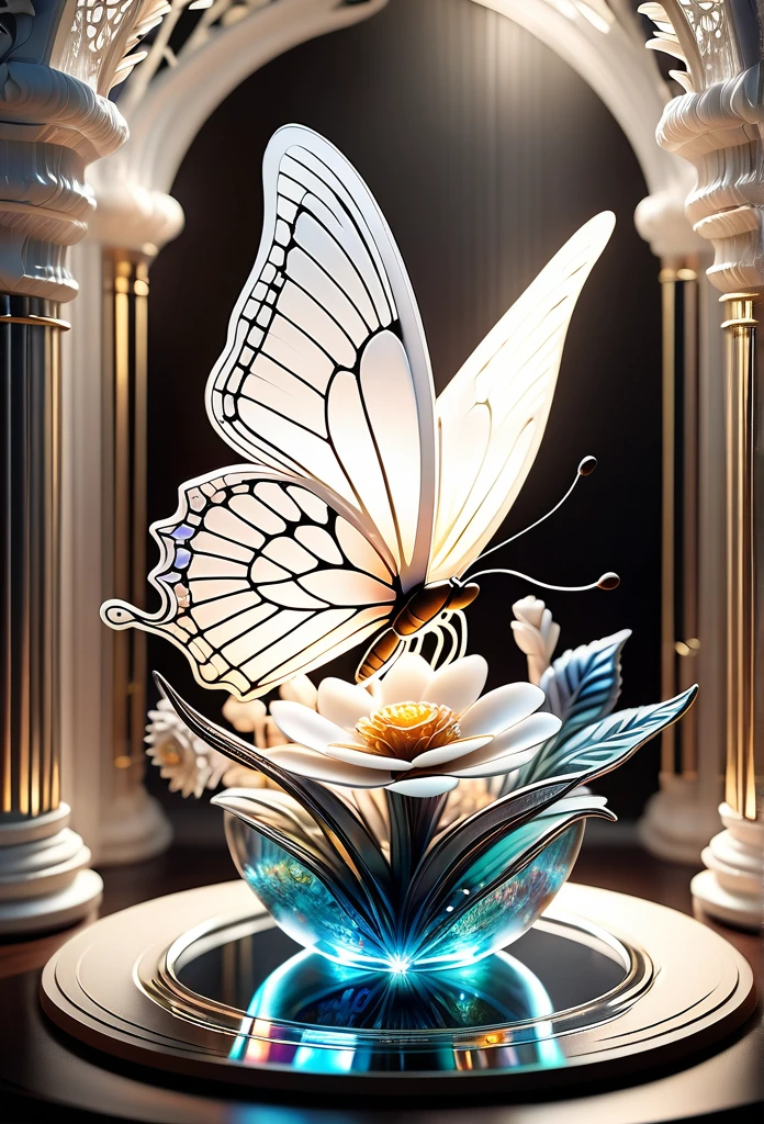 (((masterpiece that captures the essence of white butterfly:1.3))), floating of stunning carve glass flower, gothic aquarium, transparent wish. (((intricate insane details and light and shadow atmosphere:1.3))), intricate details rich colors, (((stunning beauty 32k render:1.3))), (((holographic smoke glow:1.4))),