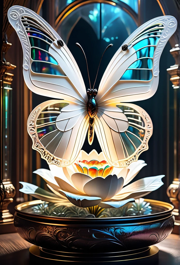 (((masterpiece that captures the essence of white butterfly:1.3))), floating of stunning carve glass flower, gothic aquarium, transparent wish. (((intricate insane details and light and shadow atmosphere:1.3))), intricate details rich colors, (((stunning beauty 32k render:1.3))), (((holographic smoke glow:1.4))),